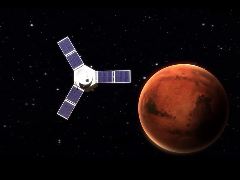 Illustration showing the Hope spacecraft orbiting Mars.