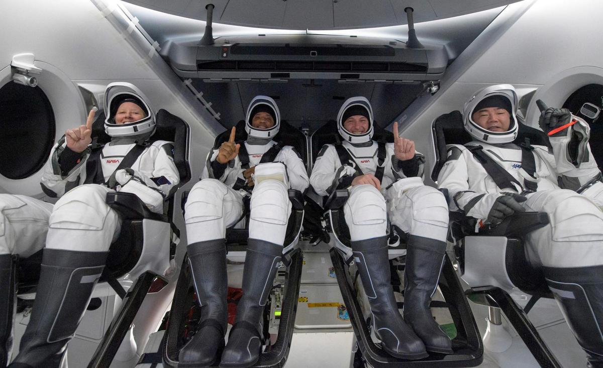 Astronauts Shannon Walker, Victor Glover, Mike Hopkins and Soichi Noguchi arrive on May 2, 2021 in Florida.