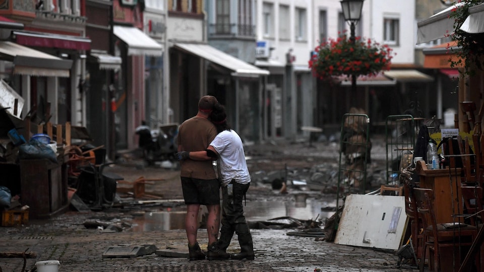 Flood-damaged street in Ahrweiler-Bad Neuenahr, Germany.