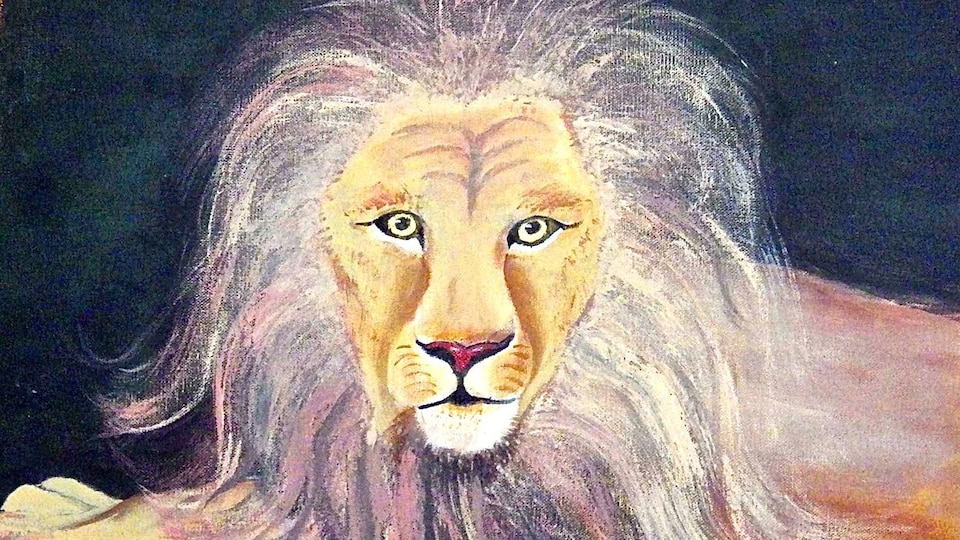 Painting of a little shaggy lion. 