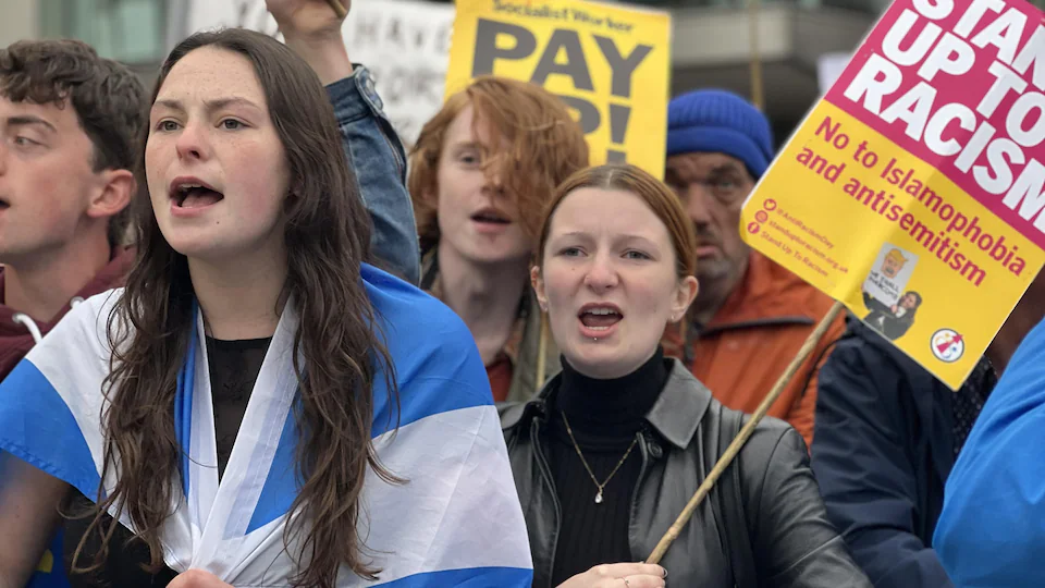 Demonstrators in Perth, Scotland, at a Conservative Party campaign event. 