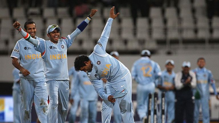 India's Robin Uthappa bows after hitting the stumps in a bowl which India eventually won after the match was tied at the end of both teams' innings during the ICC Twenty20 Cricket World Championship match between India and Pakistan. 