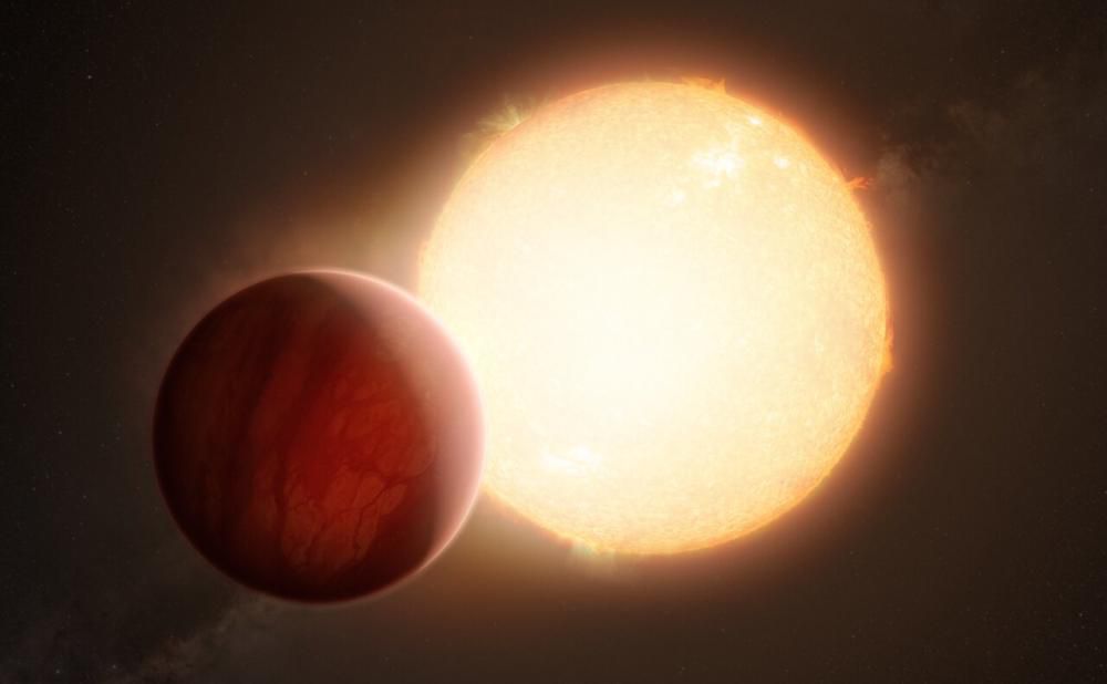 This artist's impression shows an extremely hot exoplanet about to transit in front of its host star.  When starlight passes through the planet's atmosphere, it is filtered by chemical elements and molecules in the gaseous layer.  Using sensitive instruments, signatures of these elements and molecules can be observed from the Earth.